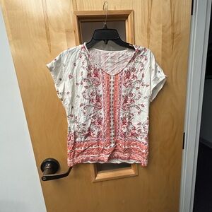 Talbots Floral V-Neck Blouse - White and Red